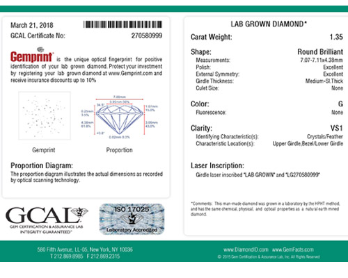 GCAL Express Guaranteed Lab Grown Diamond Grading Certificate