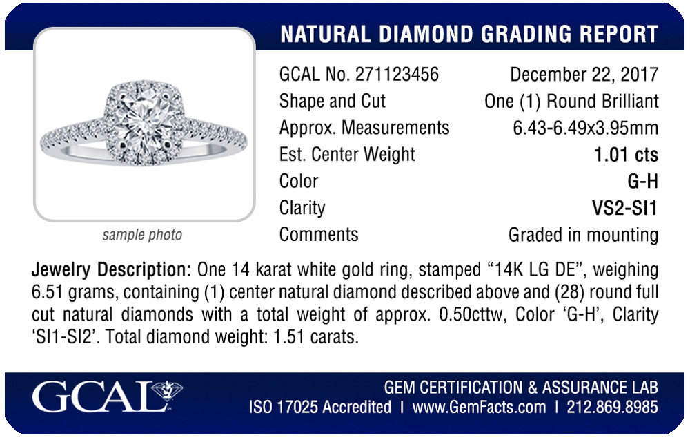 GCAL Diamond Jewelry Report Card