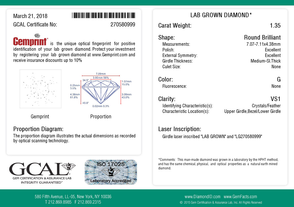 GCAL Express Guaranteed Lab Grown Diamond Grading Certificate