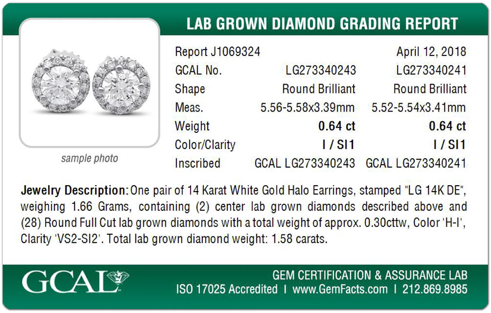 GCAL Lab Grown Diamond Jewelry Report Card